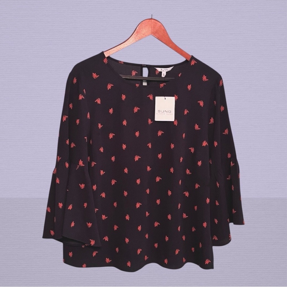 NWT Alfred Sung Women's Bell Sleeve Blouse Size XL Navy & Red - Picture 1 of 10